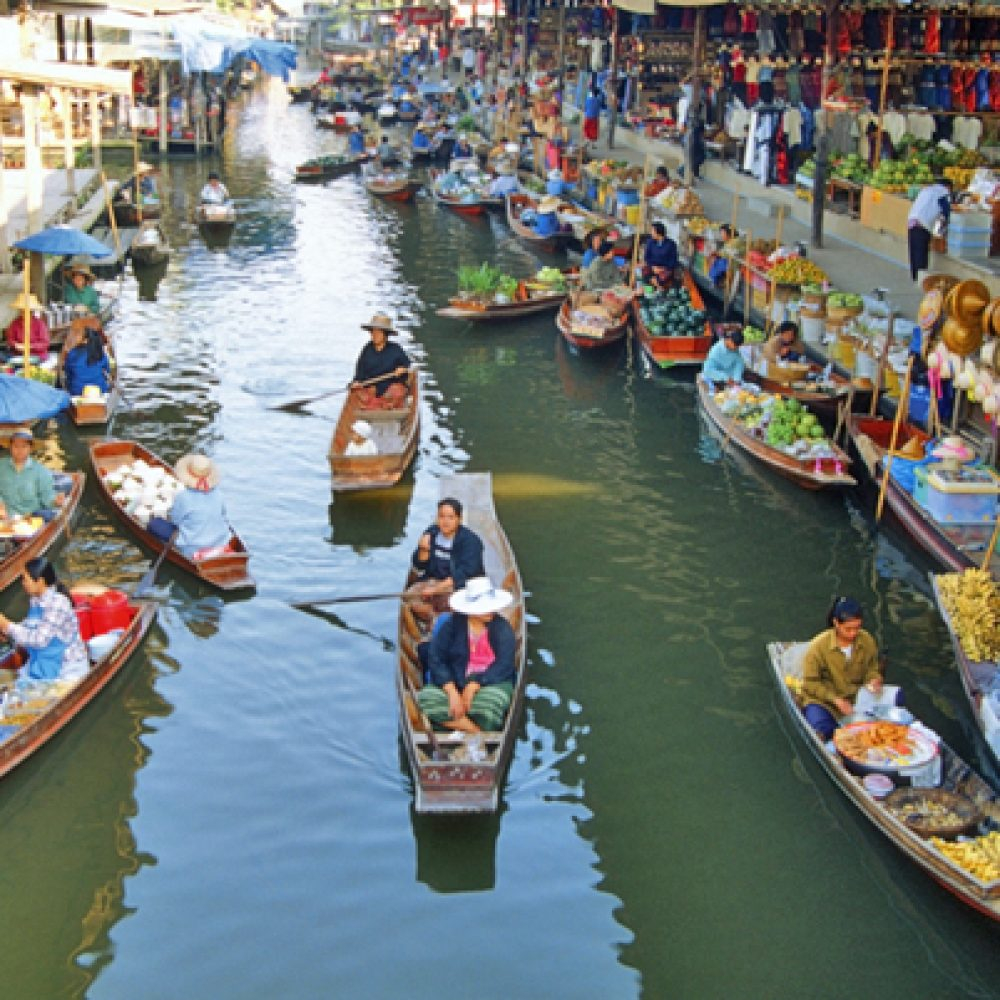 High angle view of boats, Damnoen Saduak Floating Market, Bangkok, Thailand